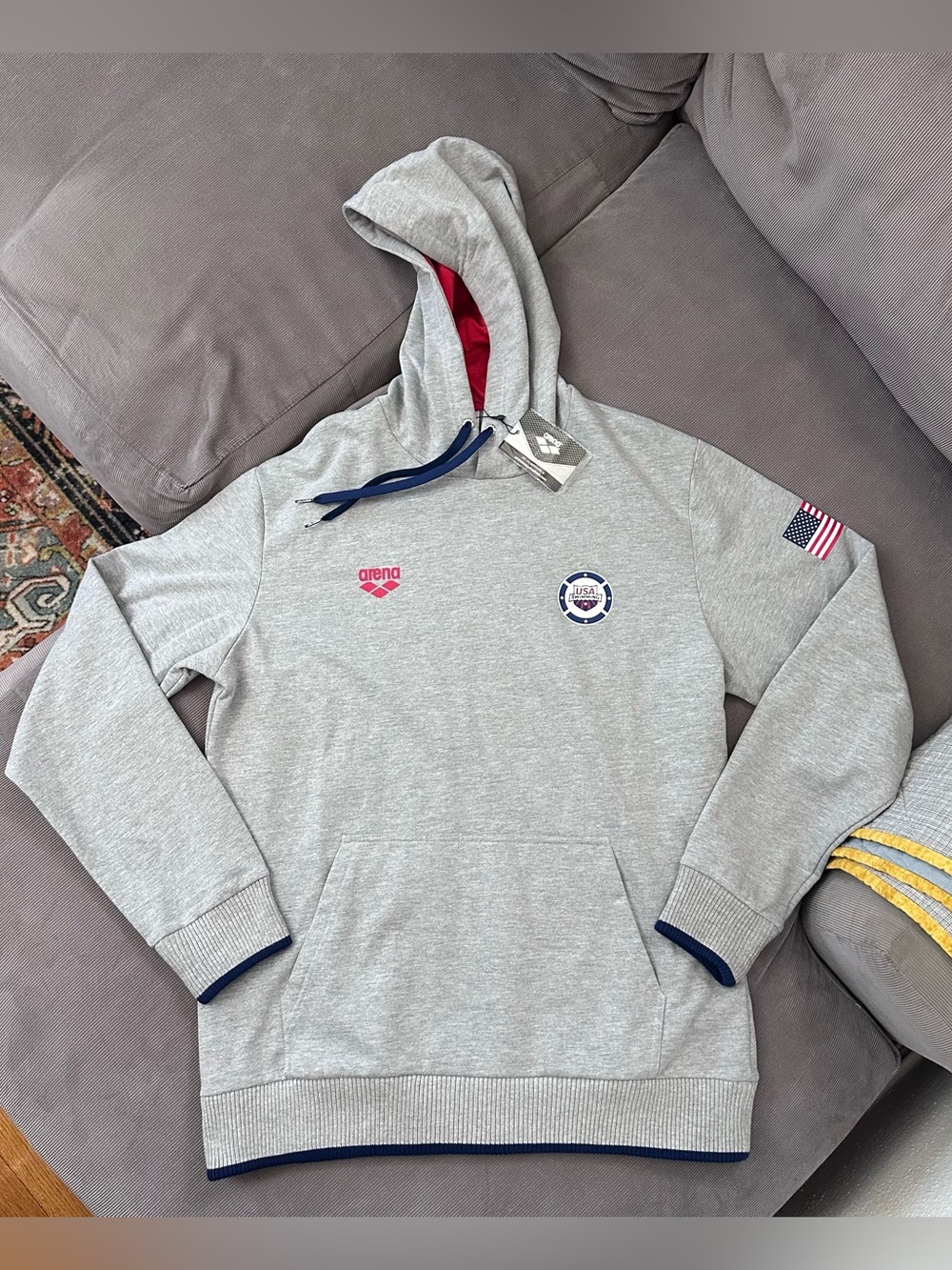 NWT USA Swimming Hoodie Mens XL Gray Pullover Sweatshirt USA Flag Fleece